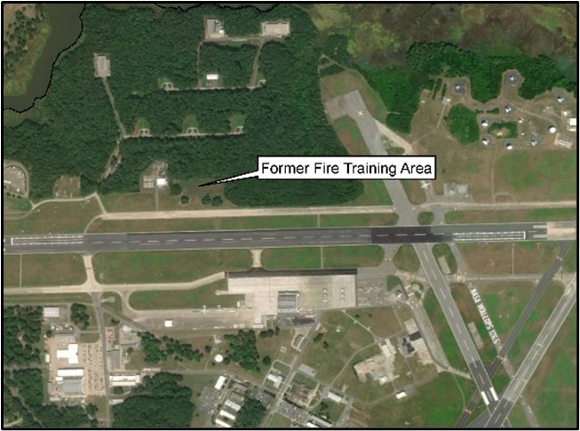 Map showing location of the Former Fire Training Area on the Wallops Main Base.