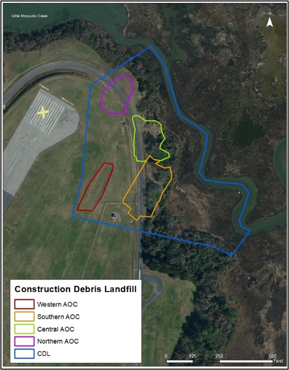 Map showing outlined area of the Construction Debris Landfill, and outlines of the Northern, Central, Southern, and Western Areas of Concern