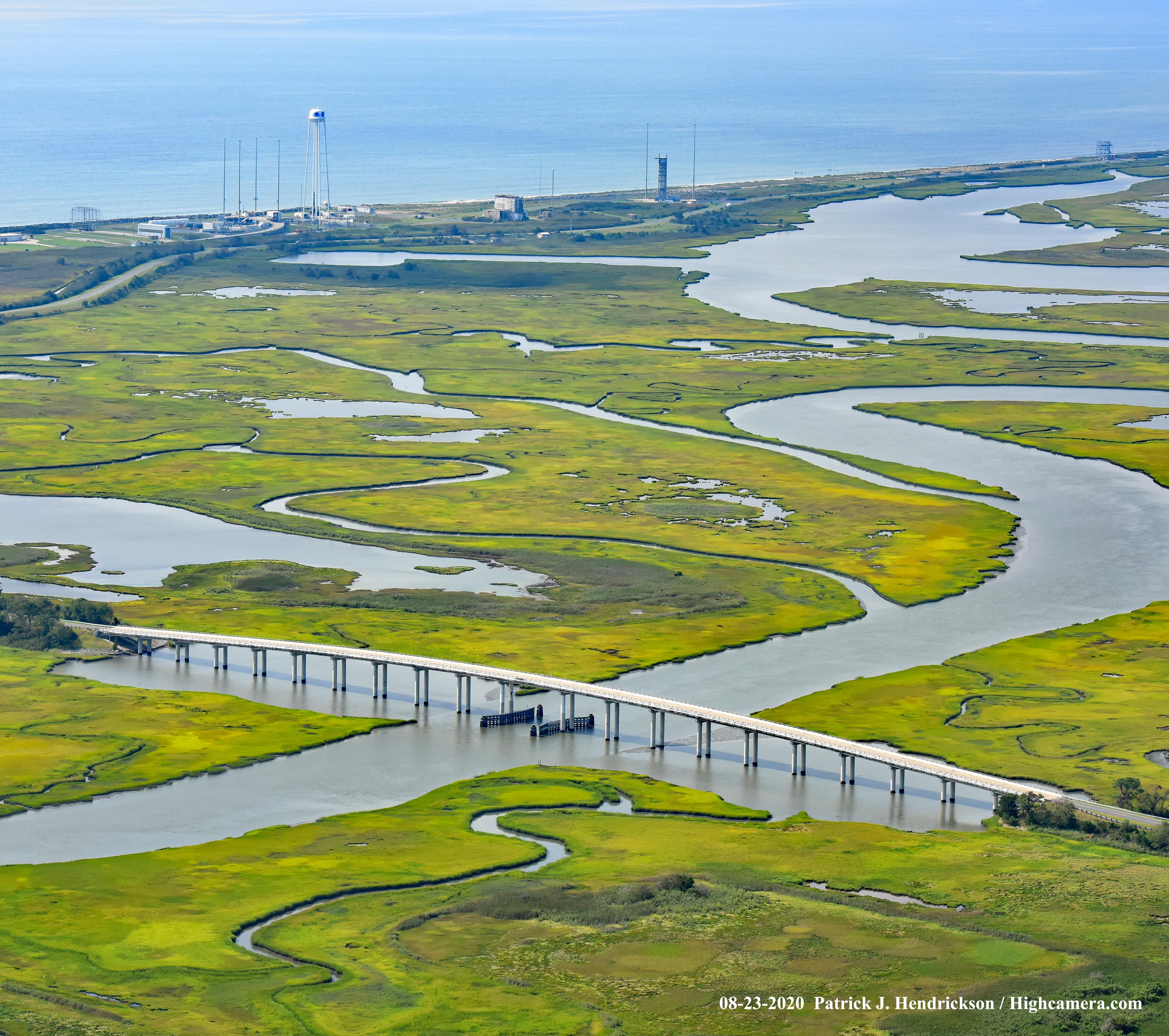 View from south to north of the NASA Wallops Flight Facility causeway and bridge over Cat Creek that runs through wetlands between the Mainland and Wallops Island.